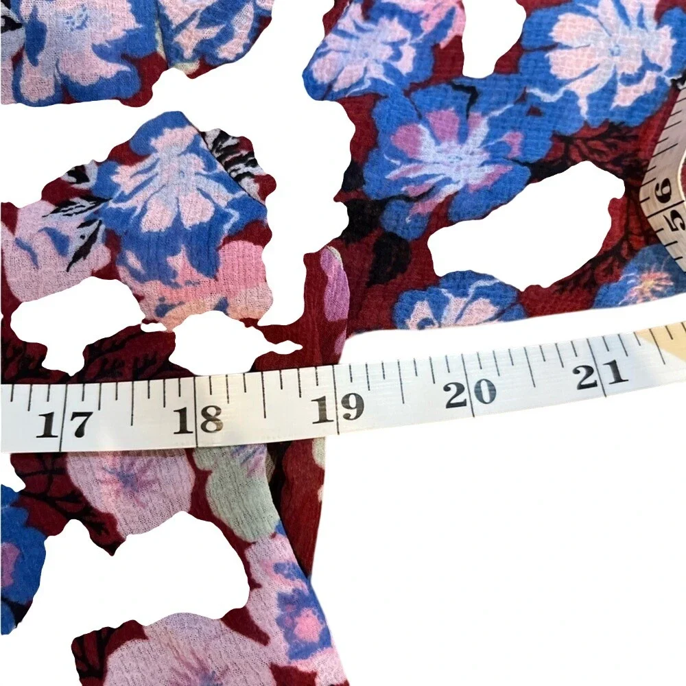 Free People Floral Tie Front Ruffle Blouse Burgundy Blue Small OB1026401‎ EUC